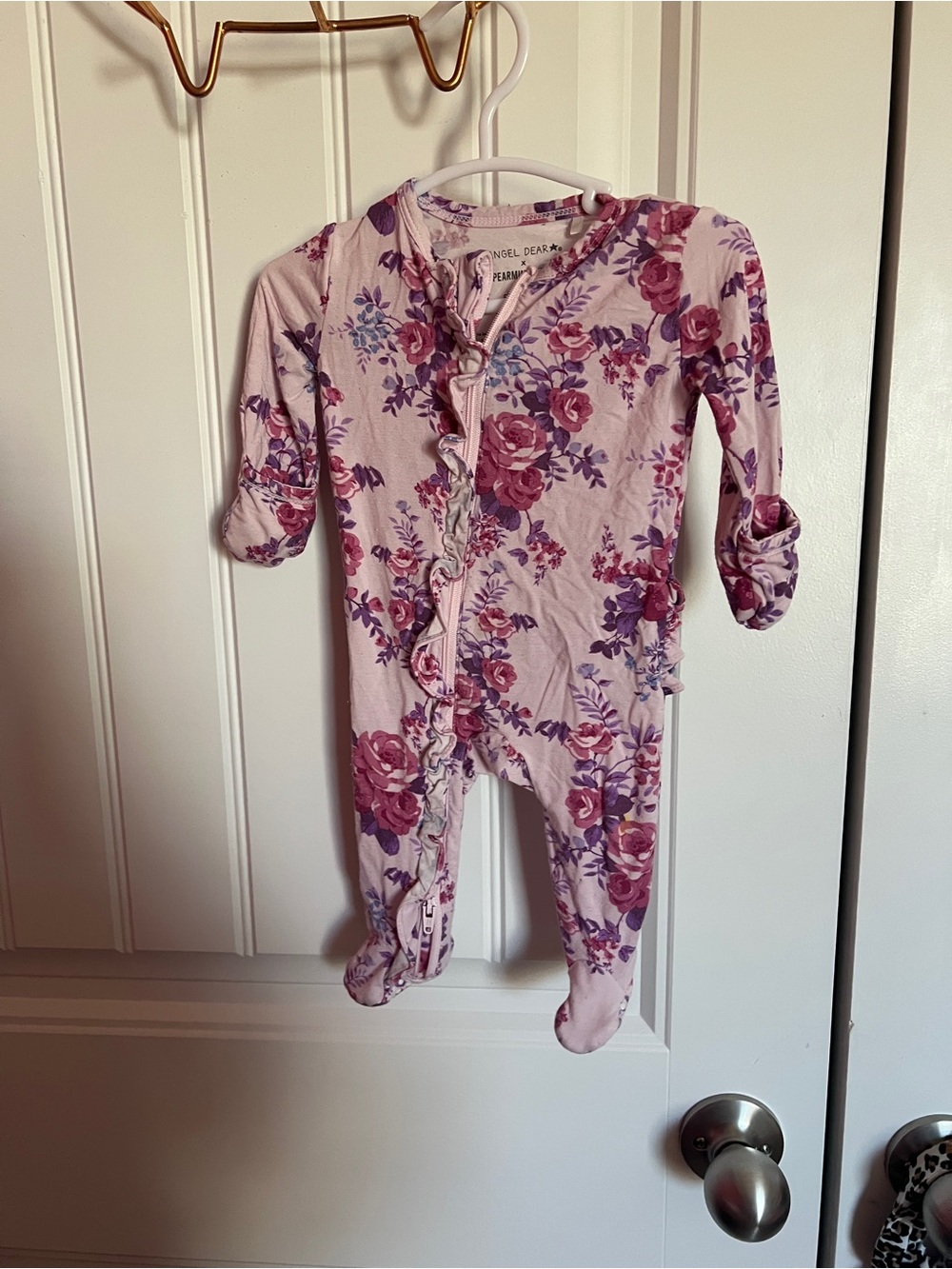 spearmint love purple floral ruffle butt sleeper newborn